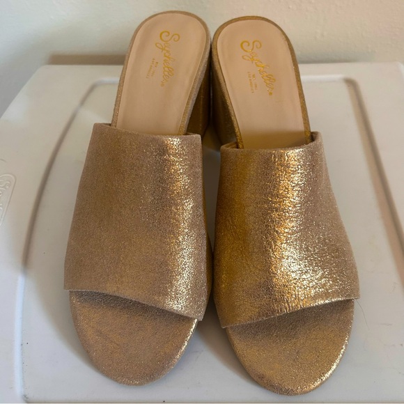Seychelles Commute‎ Gold Suede Leather Peep-Toe Mules